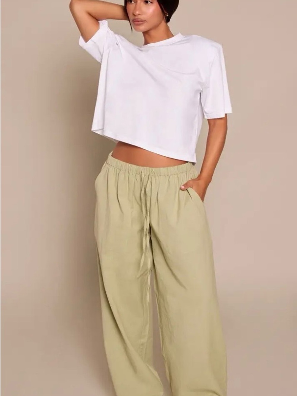 H&M Wide-Leg Drawstring Pants in Sage Green - Women